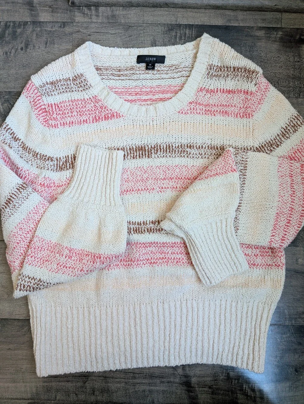 J.Crew Re-Imagined Striped Bouclé Knit Sweater Pink Brown Cream M